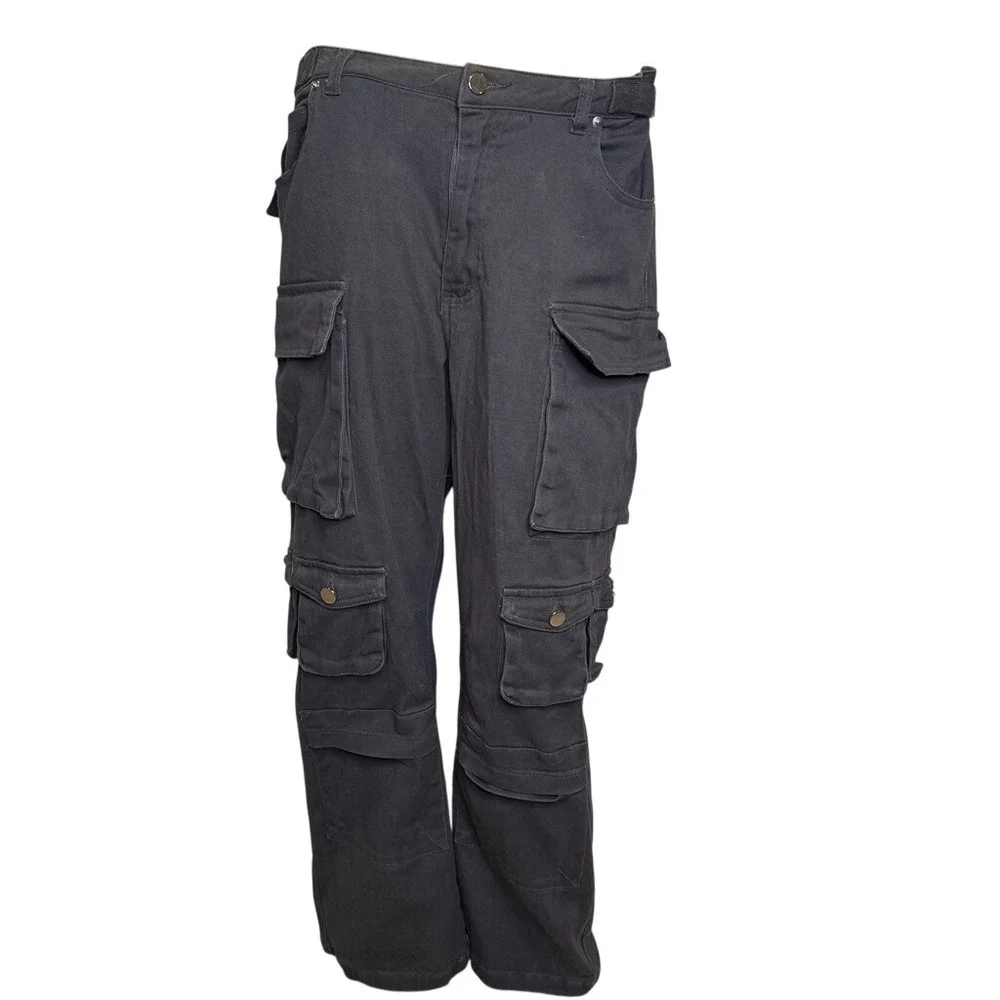 Y2K 90s Quiet Luxury Cargo Pants Black Multi Pocket Utility Wide Leg LARGE - Picture 2 of 9